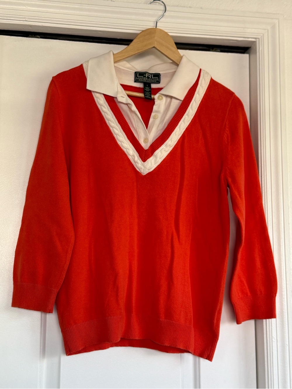 Lauren Ralph Lauren Bright Orange V-Neck Sweater with White Trim